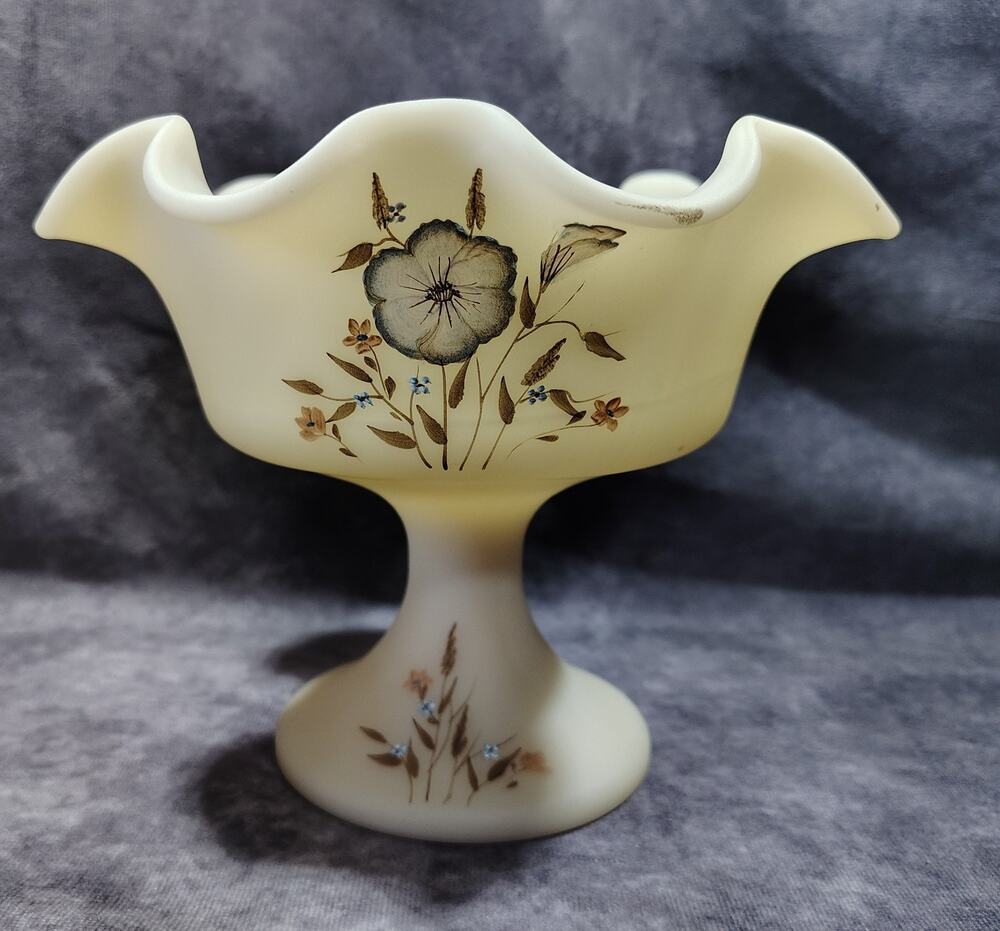 Fenton Satin Custard Ruffled Compote Hand Painted And Signed 6”
